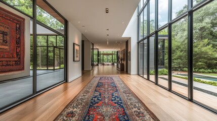 Poster - Modern architectural hallway featuring elegant rug and large windows