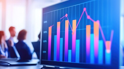 Leinwandbilder - A bar chart showing profitability trends projected onto a sleek office screen, surrounded by engaged team members