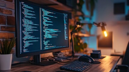 Fototapete - Programming code displayed on computer monitor in a modern home office at night, software developer working