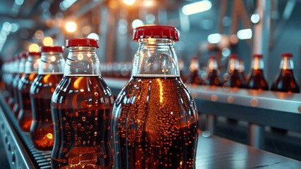 Aufkleber - This Fizzy soda bottles roll on a conveyor belt in a bright, busy factory.