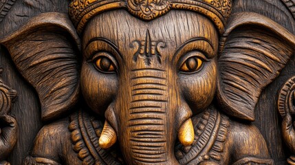 Close-Up of Lord Ganesha Wooden Carving