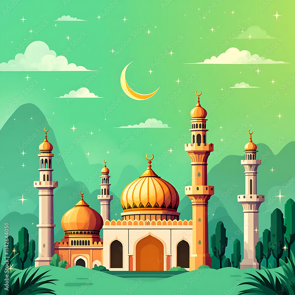 Islamic Mosque Silhouette with Crescent Moon and Star in Golden Night ...