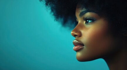 A close-up portrait of a beautiful black woman with long shiny hair and make-up . Haircare, beauty and cosmetics concept.