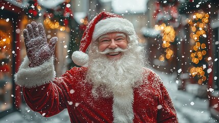 Wall Mural - Festive Santa Claus waving in a snowy holiday market filled with lights and decorations