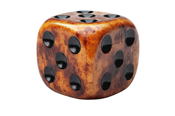 A close-up view of a wooden dice showcasing its unique texture and black dots, set against a white isolated background.