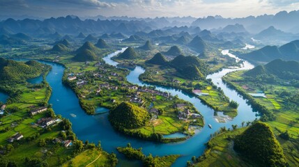 Wall Mural - Aerial View of Winding Rivers Through Misty Valleys