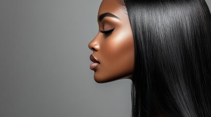 A close-up portrait of a beautiful black woman with long shiny hair and make-up . Haircare, beauty and cosmetics concept.