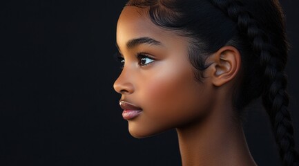 A close-up portrait of a beautiful black woman with long shiny hair and make-up . Haircare, beauty and cosmetics concept.