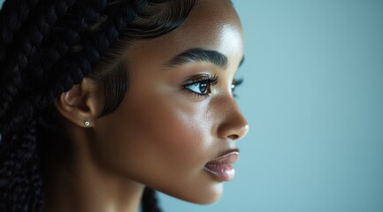 A close-up portrait of a beautiful black woman with long shiny hair and make-up . Haircare, beauty and cosmetics concept.