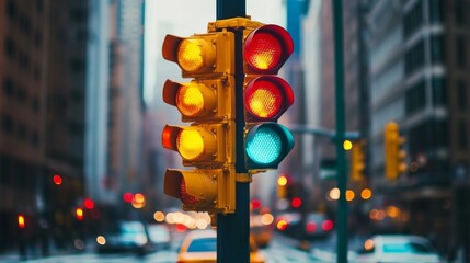 Poster - Urban Traffic Light with Red, Yellow, and Green Signals in Cityscape