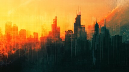Poster - Urban Skyline at Sunset with Abstract Artistic Elements and Tones
