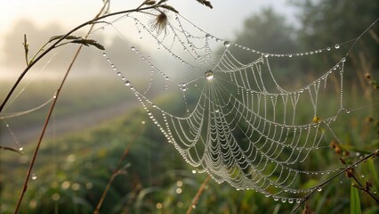 Spider web with dew drops