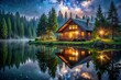 © PhotosAndGraphics - A cozy wooden cabin sits by a lake at night. Stars and a milky way are reflected in the water. Trees surround it.