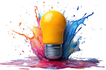 Poster - A vibrant yellow light bulb surrounded by a splash of colorful paint, creating a dynamic and artistic visual display.