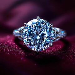 Fototapete - close-up of a silver ring with a large, round, clear gemstone in the center, surrounded by smaller gemstones. The ring is set against a dark, possibly velvet-like background.