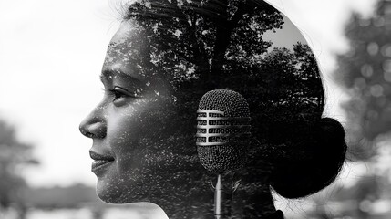 Wall Mural - exposure portrait of a woman with her face blending into a microphone, symbolizing women’s powerful voices in media and broadcasting. [Women’s]:[voices in media] 