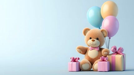 Wall Mural - Adorable Teddy Bear with Balloons and Gifts: A Celebration of Joy