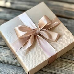 Wall Mural - Elegant Beige Gift Box with a Delicate Rose Gold Ribbon