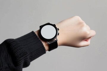 blank round smart watch on wrist, empty screen smart watch mockup. Female wrist. Minimalistic.