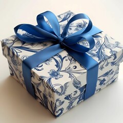 Wall Mural - Elegantly Wrapped Gift Box with Blue Ribbon and Floral Design