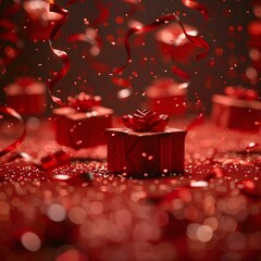 Wall Mural - Red Festive Gift Boxes with Confetti and Ribbons: A Celebration of Love and Joy