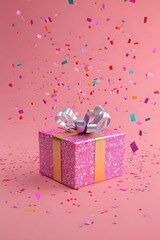 Wall Mural - Pink Glitter Gift Box Exploding with Confetti: A Celebration of Joy