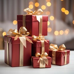 Wall Mural - Stack of Red Christmas Presents with Gold Bows