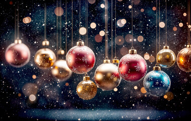 a collection of colorful Christmas ornaments, including red, gold, and blue balls, hanging against a backdrop of twinkling lights and a starry sky, creating a festive and holiday at