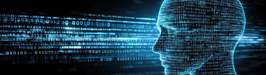 Digital head profile formed by binary code against a dark background.