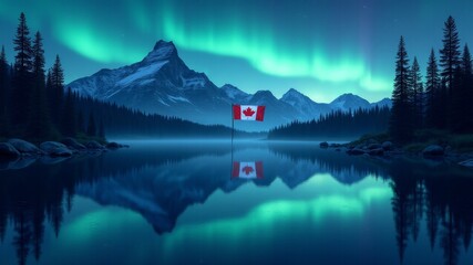 Wall Mural - A canadian flag flying in front of a mountain range