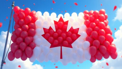 a bunch of red and white balloons in the shape of a maple leaf