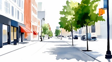 Watercolor urban sketching perspective concept. A bright, watercolor city street lined with trees and shops, creating a serene urban atmosphere.