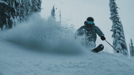 Wall Mural - A skier carving through fresh snow in a winter landscape.