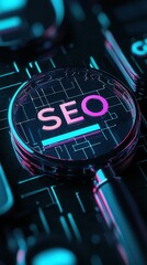 Exploring SEO concepts with a digital magnifying glass on a high-tech background representing online marketing strategies