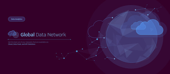 Wall Mural - abstract big in cloud power bi global data network connection dark blue banner or header, wireframe 