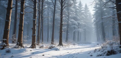 Wall Mural - Snowflakes falling in a tranquil winter forest, serene, forest, cold, tranquil, snowflakes