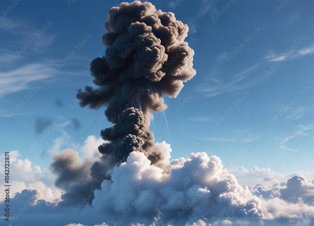 Thick smoke billows into the atmosphere amidst a clear blue sky ...