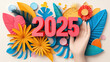 © JCreative - 2025 Vision Board concept. Bold and colorful vision board featuring 2025 with vibrant flowers and leaves