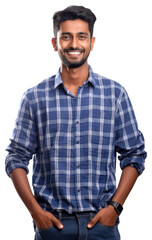 Wall Mural - Smiling indian man shirt portrait standing.