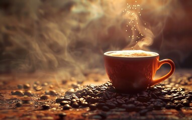 Wall Mural - Coffee cup and coffee beans on golden bokeh background