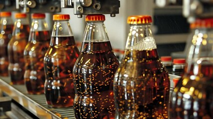 Aufkleber - This Bottles of fizzy drink are being filled and sealed on a production line in a factory setting.