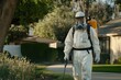 © Abdul - Professional pest control worker in protective gear spraying treatment in residential area, ensuring safety and effective pest management for homes and gardens