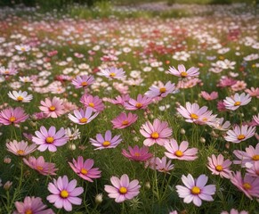 Sticker - A carpet of cosmos flowers in a serene and peaceful meadow , carpet, scenery, cosmos flowers