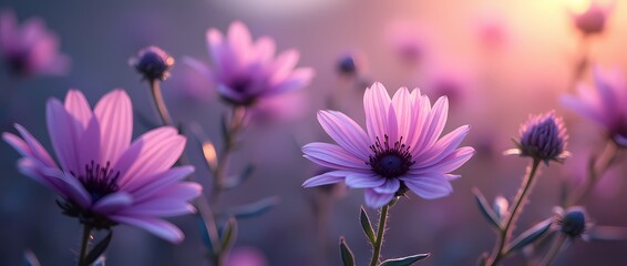 Wall Mural - Close up of purple flowers in diffused light