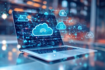 Wall Mural - a laptop with cloud technology icons floating above it, surrounded by digital connections and data s