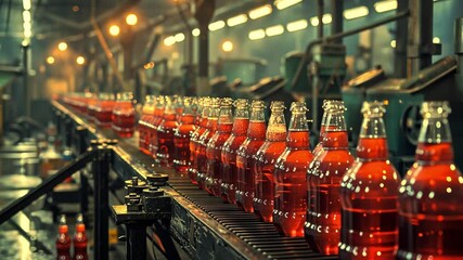 Fototapete - This Bottles of vibrant soda wait on a conveyor belt in a bustling manufacturing setting.