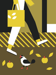 Autumn Stroll: Woman Walking with Tote Bag Amidst Falling Leaves and a Bird