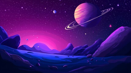 Wall Mural - A vibrant cosmic landscape featuring a planet with rings, stars, and distant celestial bodies.