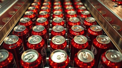 Aufkleber - This Multiple red cans are being processed on a conveyor belt in a beverage factory setting.