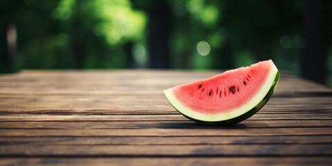 Wall Mural - Slice of Watermelon on Outdoor Wooden Table